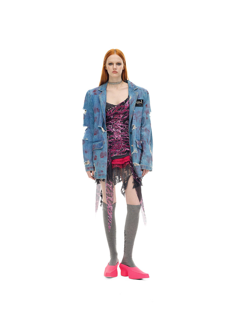 PINKSPINK NEON RIFT asymmetrical lace-trim mini dress — full-length styling with open denim jacket