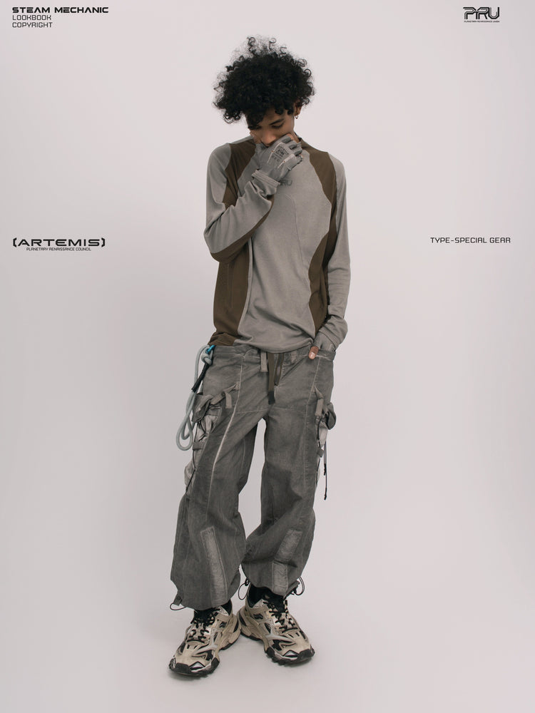 STARCORE ash tundra mesh-panel long-sleeve top b — full-length front modeled view with collar raised