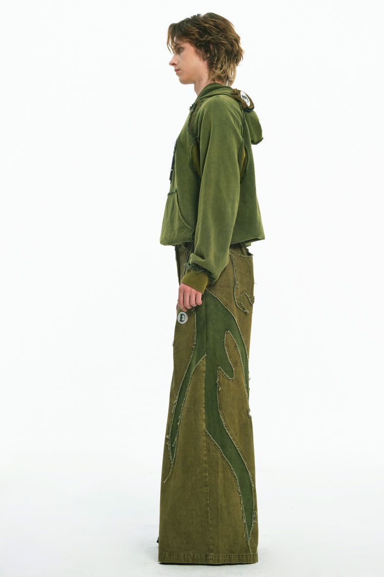 EMBRYO GREEN GUARD distressed wide-leg pants — construction detail