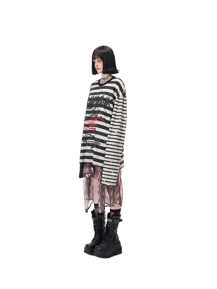 PINKSPINK STATIC asymmetric striped burnout long-sleeve tee in black and white — full-length side modeled view with a separate patterned skirt
