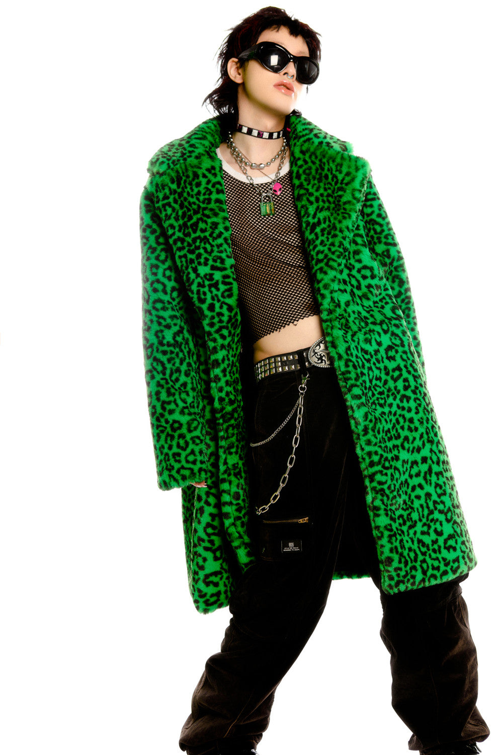 DEADENDKIDS LEOPARD RIOT long faux-fur coat & hat — rear modeled view
