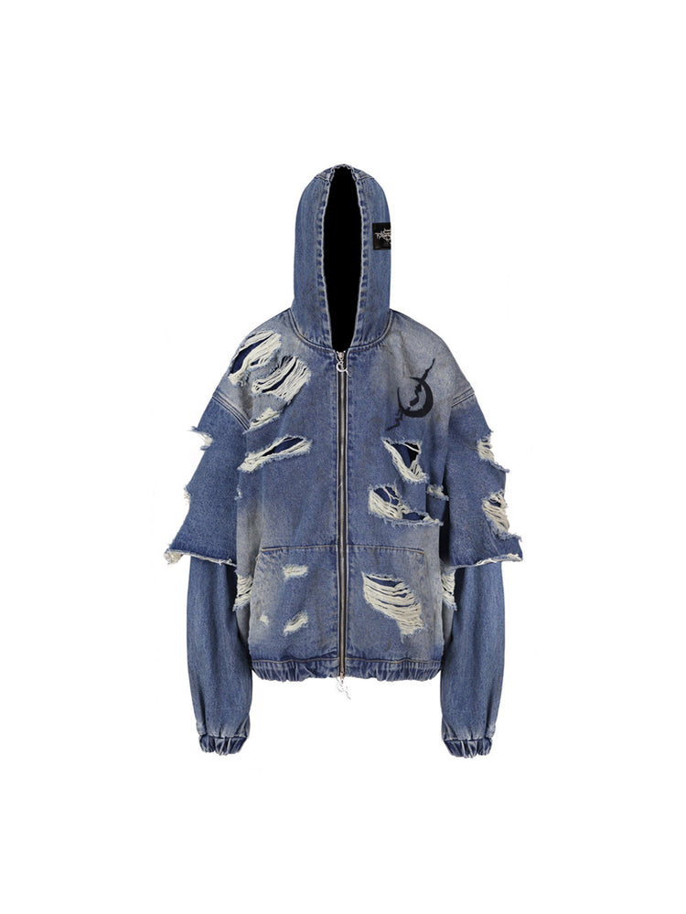 PINKSPINK ELECTRIC MOON double-layer distressed denim jacket in blue — garment-only front view showing the hood, split pockets and double-layer construction.