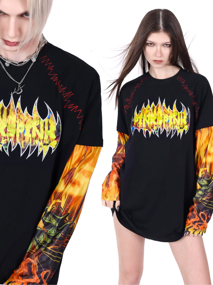 PINKSPINK FIRE CAT layered-sleeve graphic tee — cleaned hero collage showing the complete design