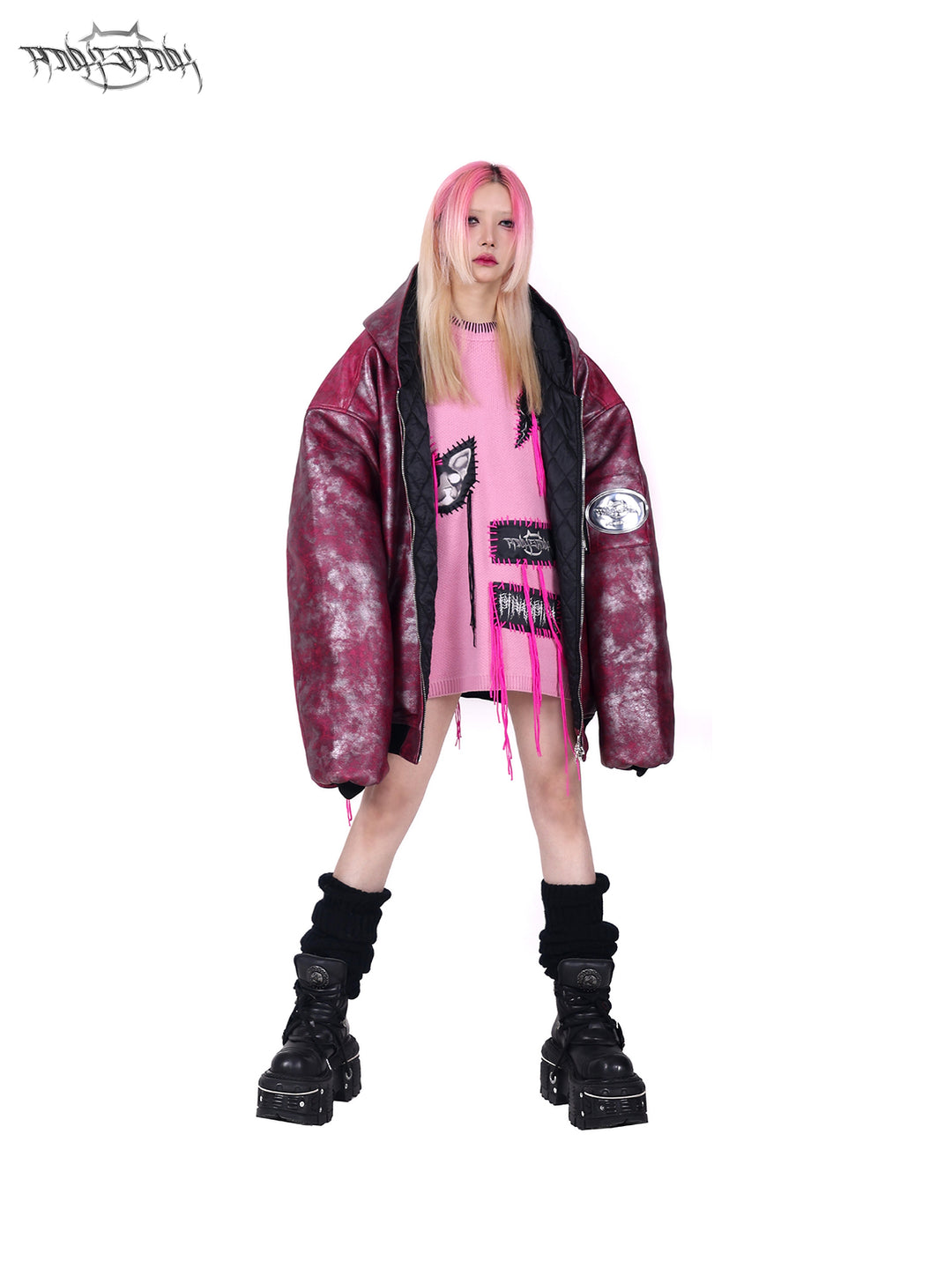 PINKSPINK COCKSCOMB mohawk padded jacket in PINK — hood-down open front view.