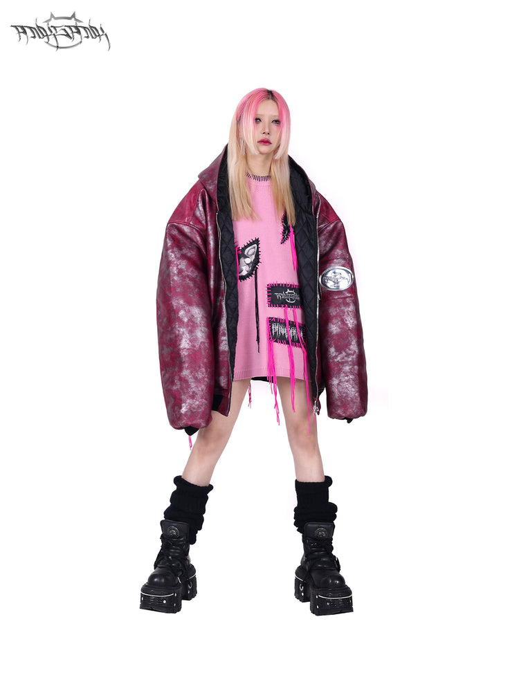 PINKSPINK COCKSCOMB mohawk padded jacket in PINK — hood-down open front view.