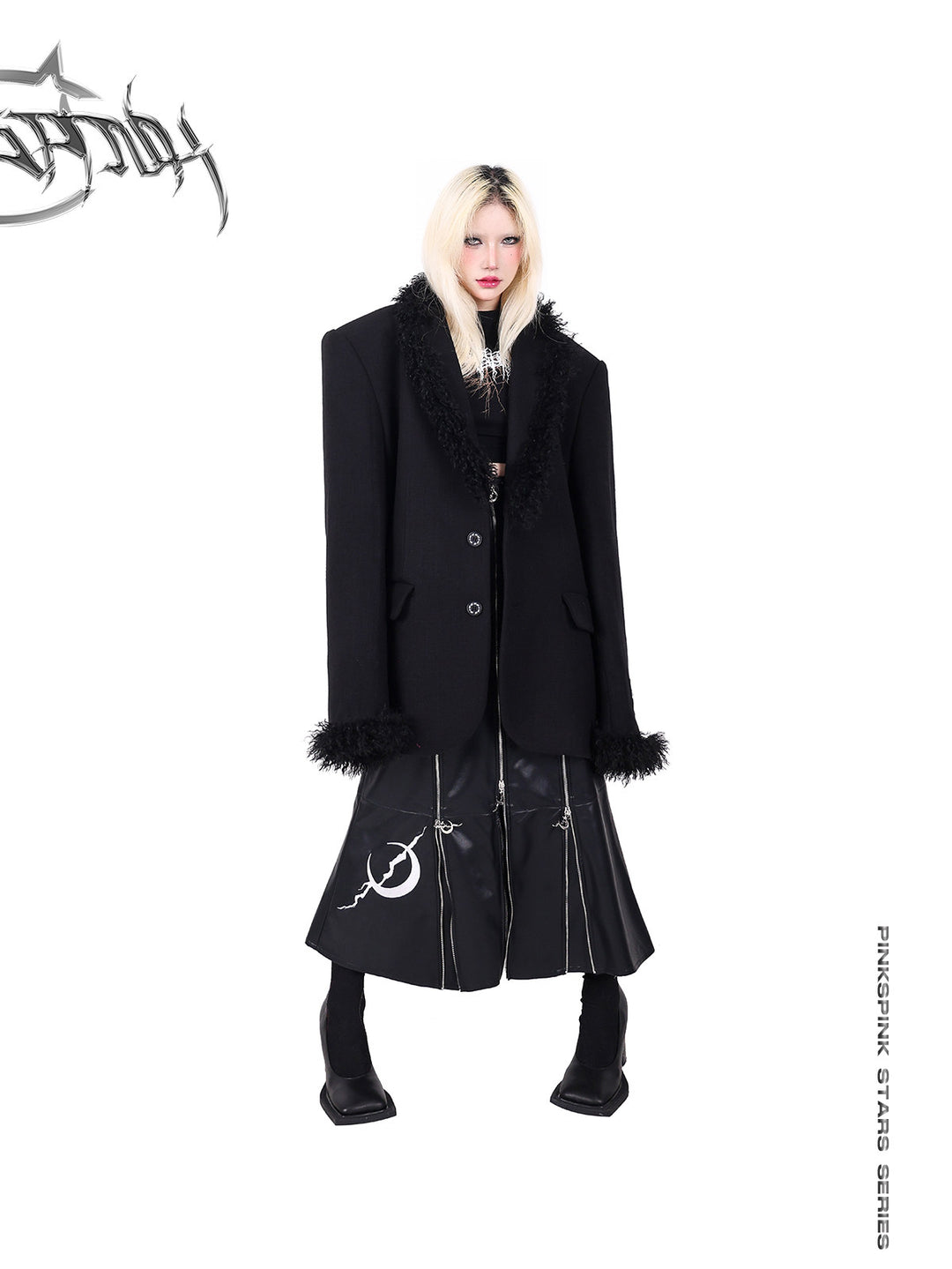PINKSPINK ELECTRIC MOON zip-panel faux-leather maxi skirt — front full-length modeled view with the black fur-trim blazer closed
