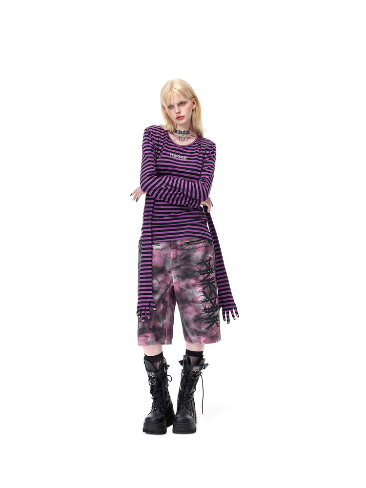 PINKSPINK GHOSTHAND striped glove-sleeve tee in purple and black — full-length front modeled pose with crossed arms, repeated in the hero collage