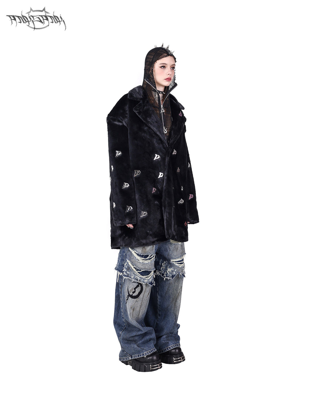 PINKSPINK ELECTRIC MOON spiked open-mesh zip hoodie in black — opposite-side styling view under a separate faux-fur jacket