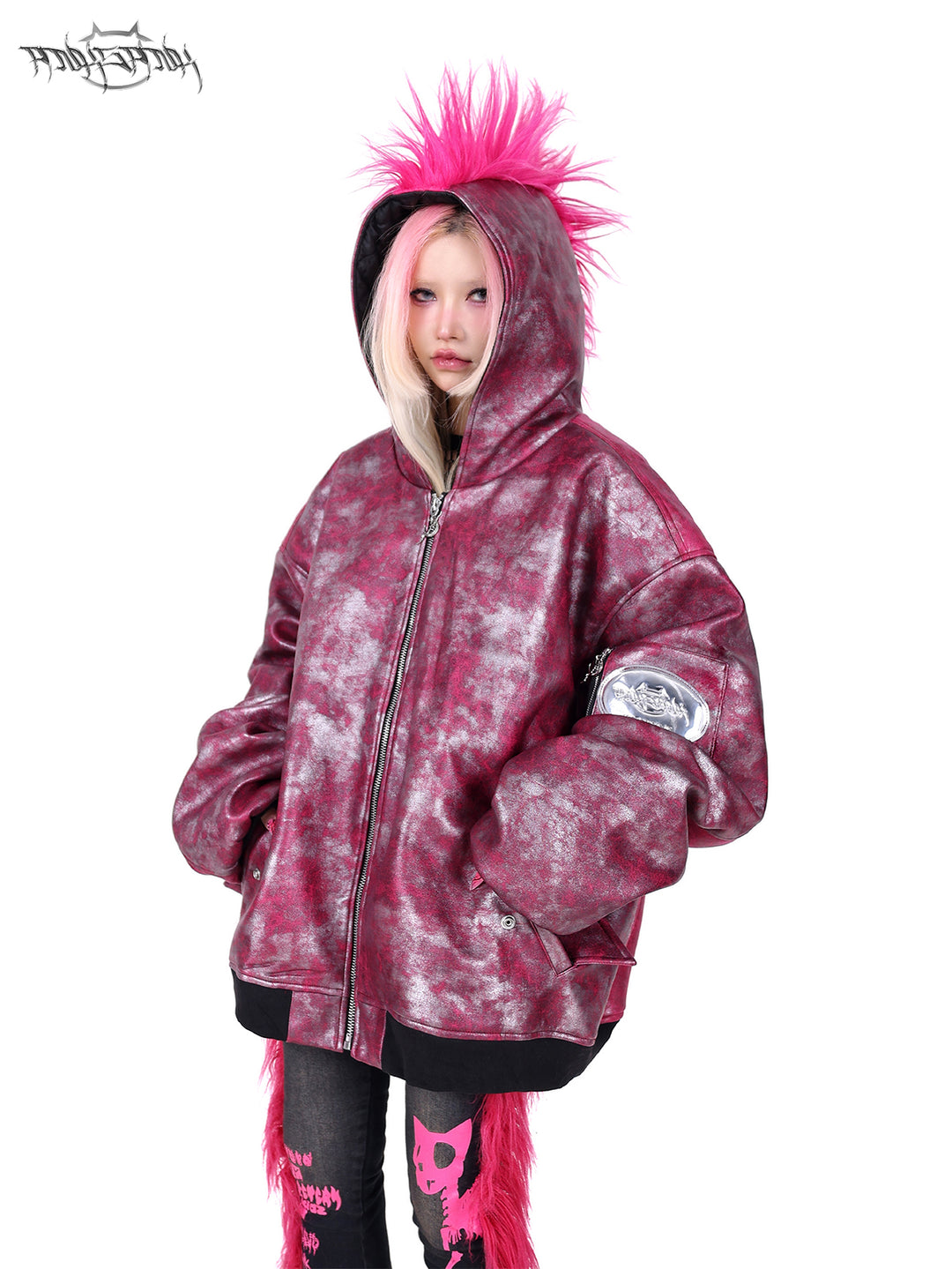 PINKSPINK COCKSCOMB mohawk padded jacket in PINK — front three-quarter hood-up view.