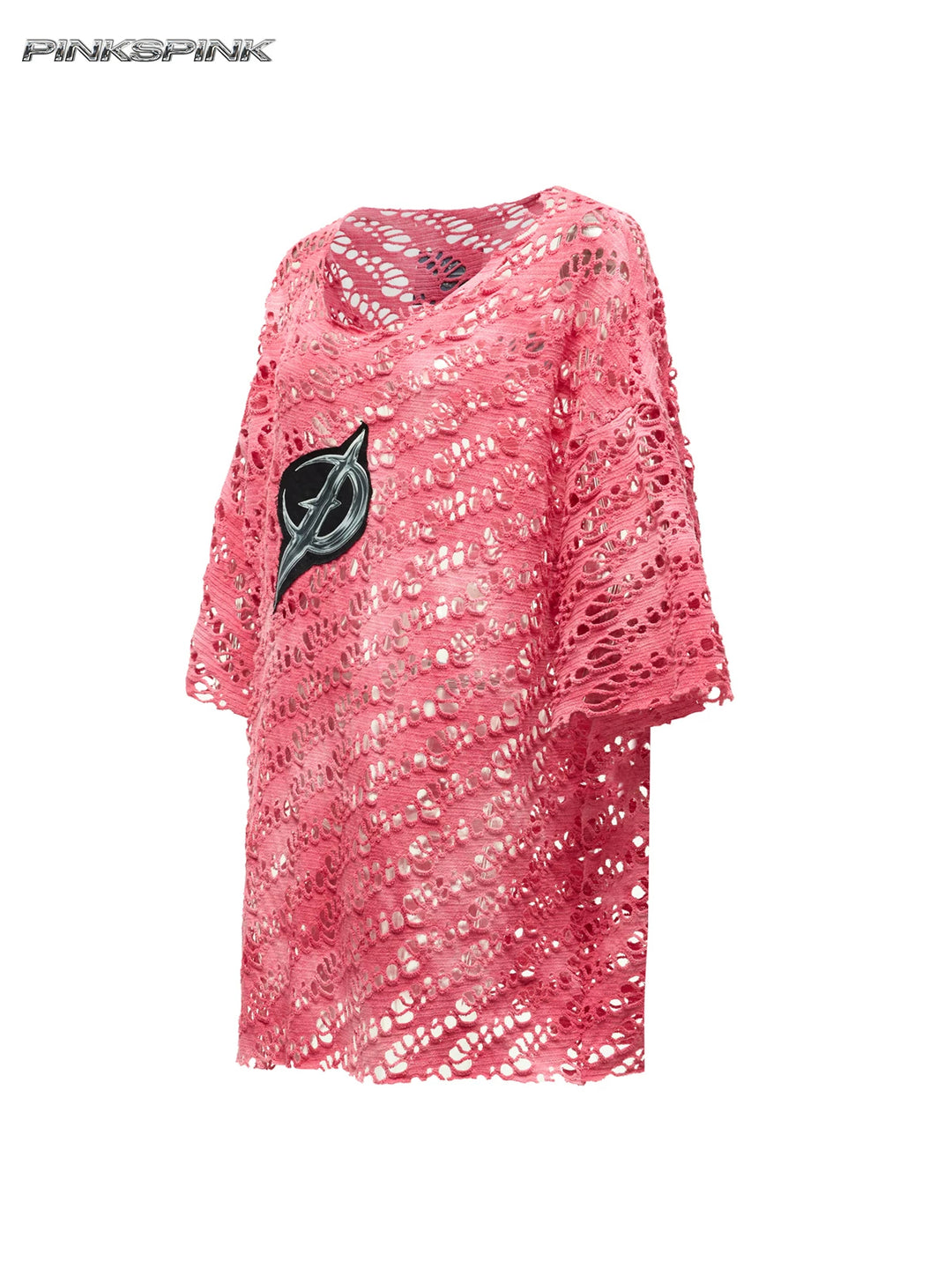 PINKSPINK ELECTRIC MOON distressed open-knit oversized tee in pink — garment-only angled view showing the distressed open knit