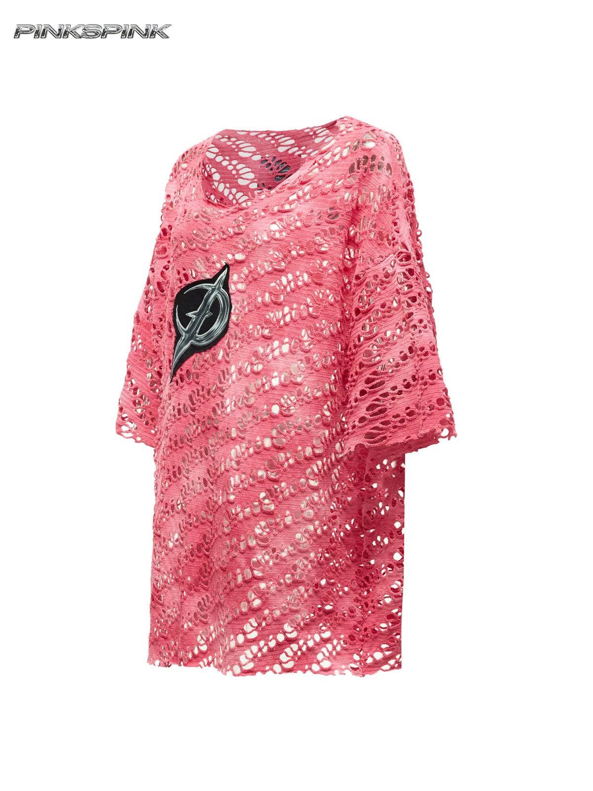 PINKSPINK ELECTRIC MOON distressed open-knit oversized tee in pink — garment-only angled view showing the distressed open knit