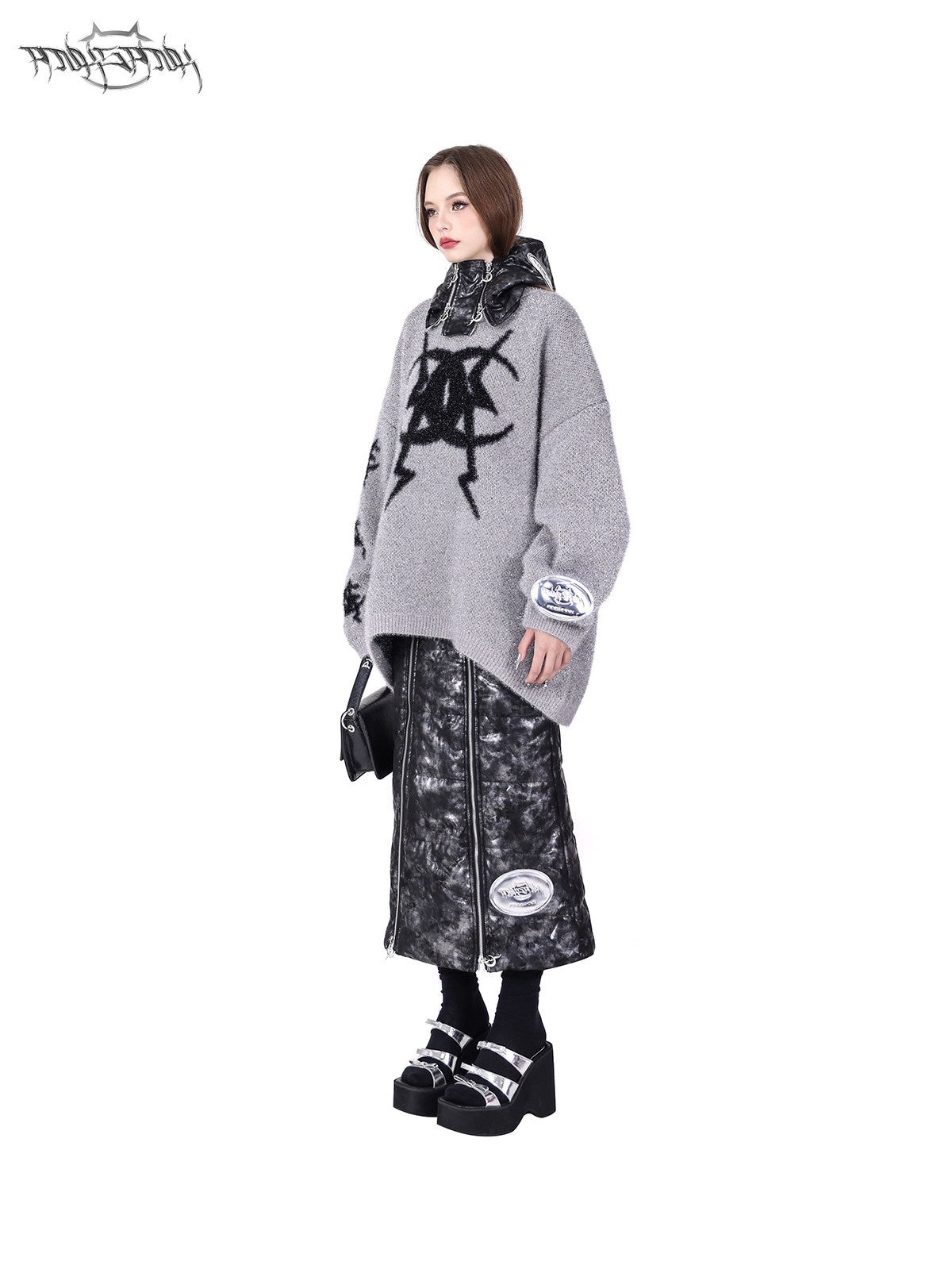 PINKSPINK ELECTRIC MOON shimmer-knit oversized sweater — silver-gray angled styling view with a separate hood