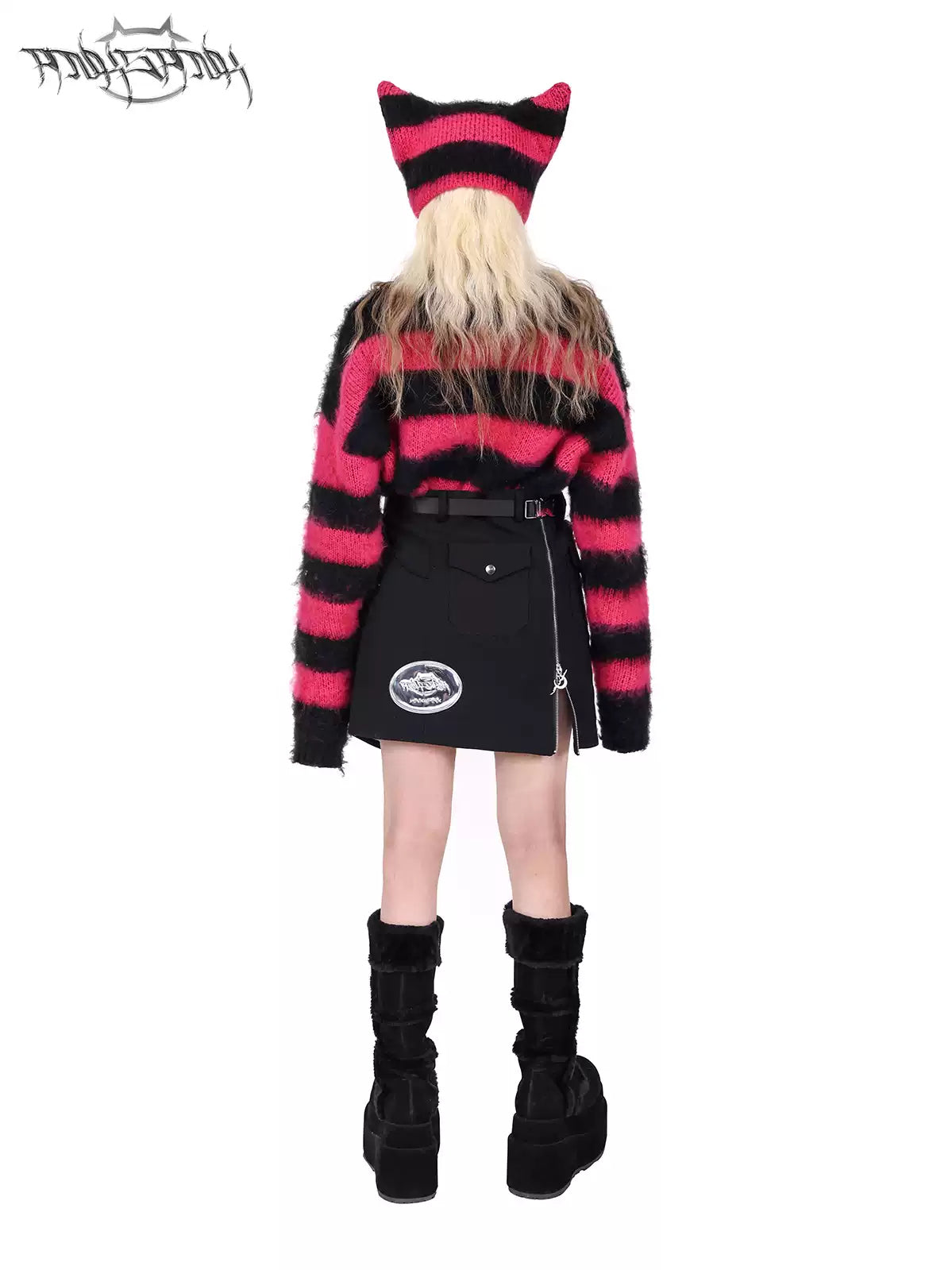 PINKSPINK ELECTRIC MOON convertible buckle mini skirt — alternate modeled view showing the silhouette