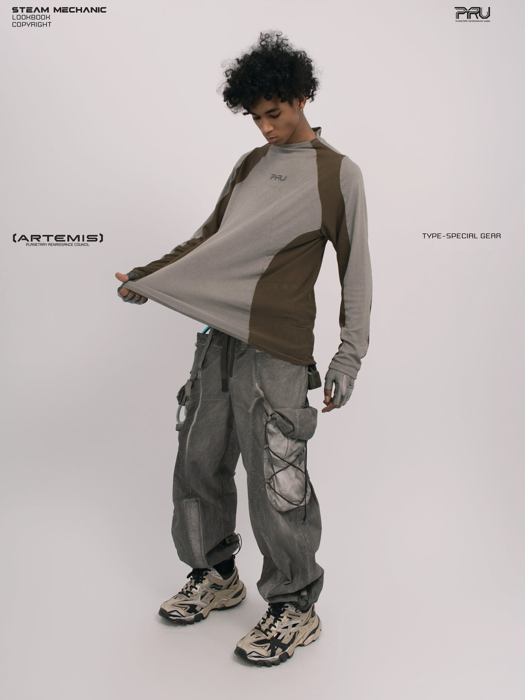 STARCORE ash tundra mesh-panel long-sleeve top b — full-length front modeled view with hem extended