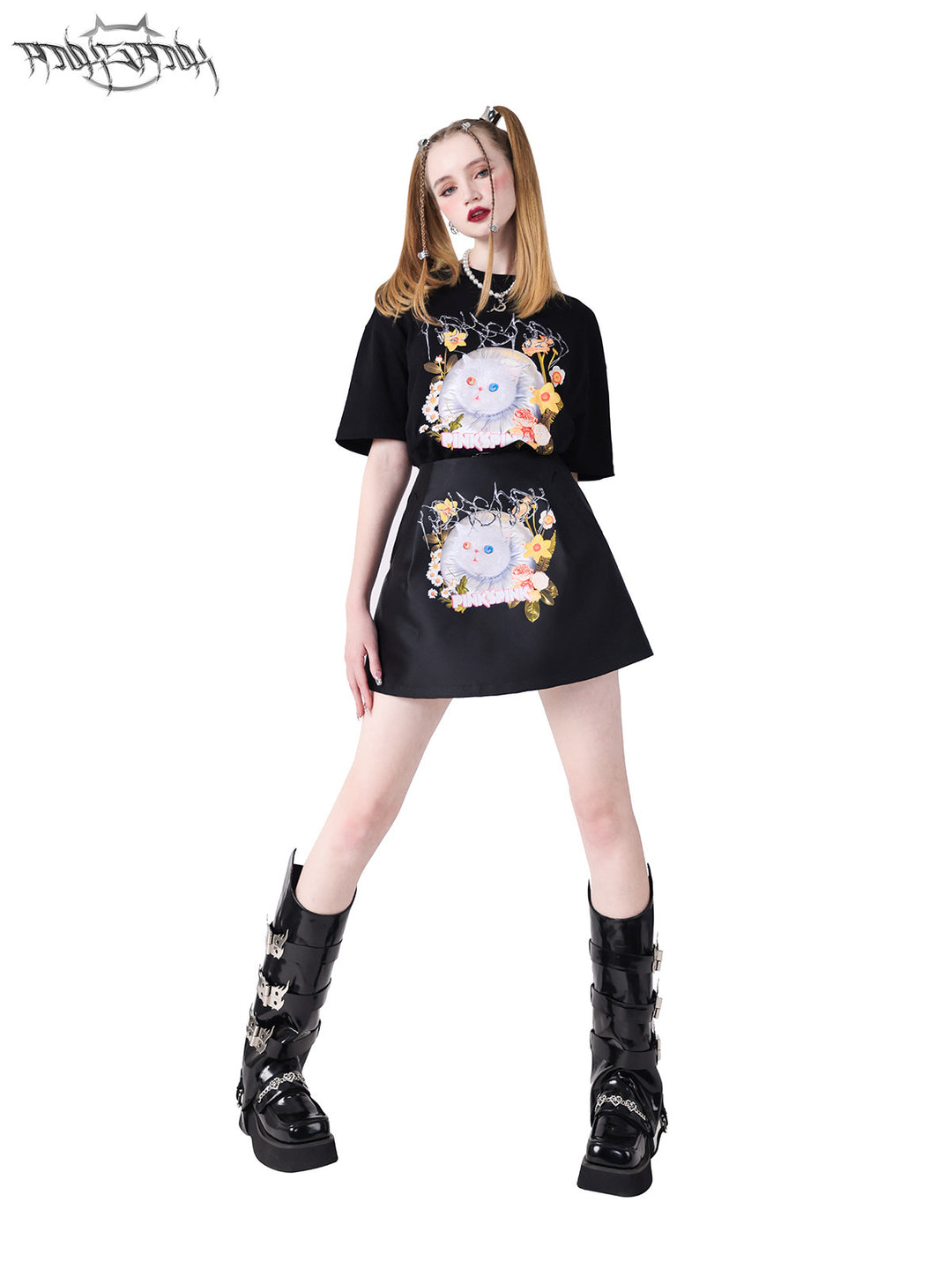 PINKSPINK GARFIELD oversized graphic tee — black full-length modeled view with a wide stance