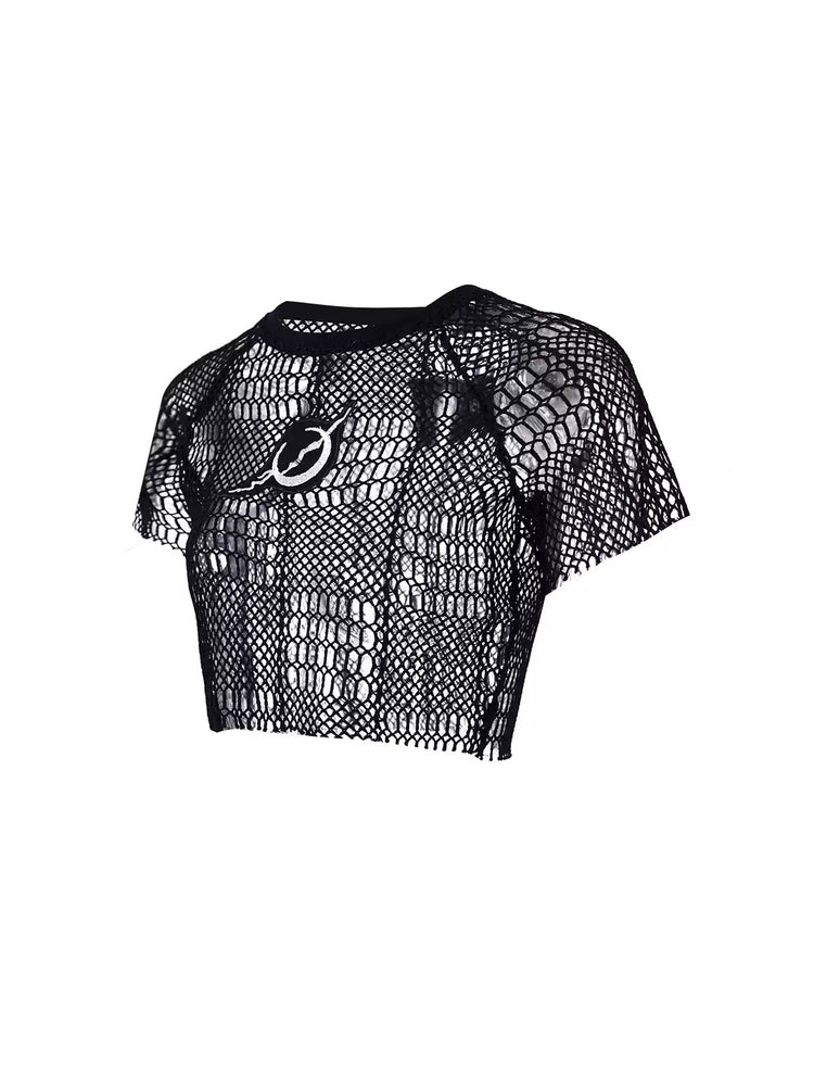 PINKSPINK GEOMETRY open-mesh crop tee in black — front garment-only view of the short-sleeve open mesh