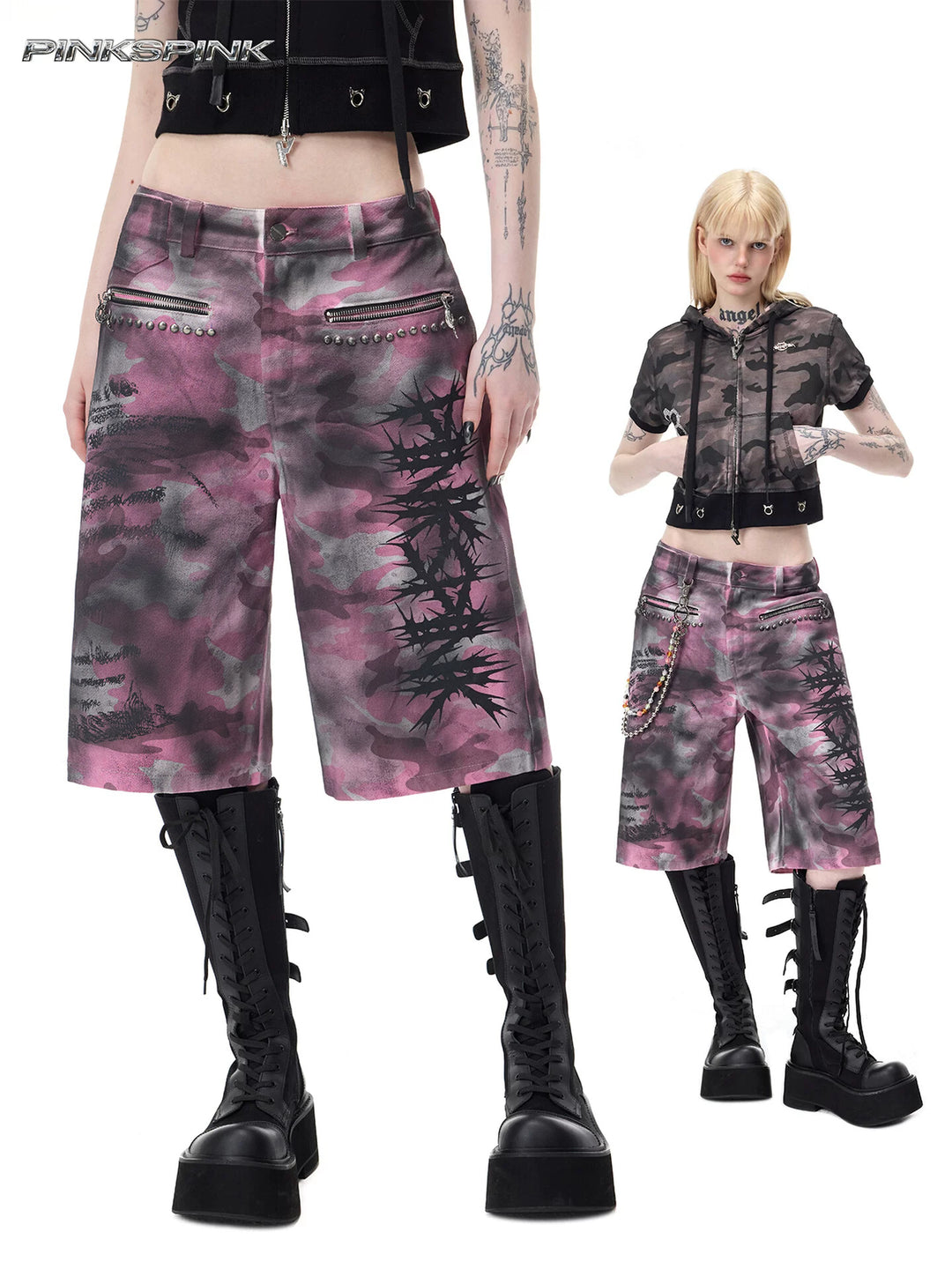PINKSPINK ELECTRIC MOON coated camouflage denim shorts in pink-gray camouflage — collage combining a close front view with full-length styling