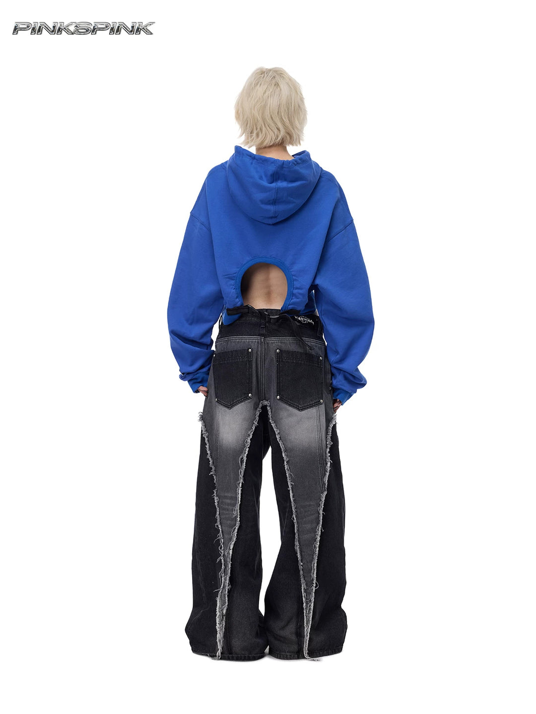 PINKSPINK ELECTRIC MOON reconstructed wide-leg jeans — back full-length styling with blue cropped hoodie