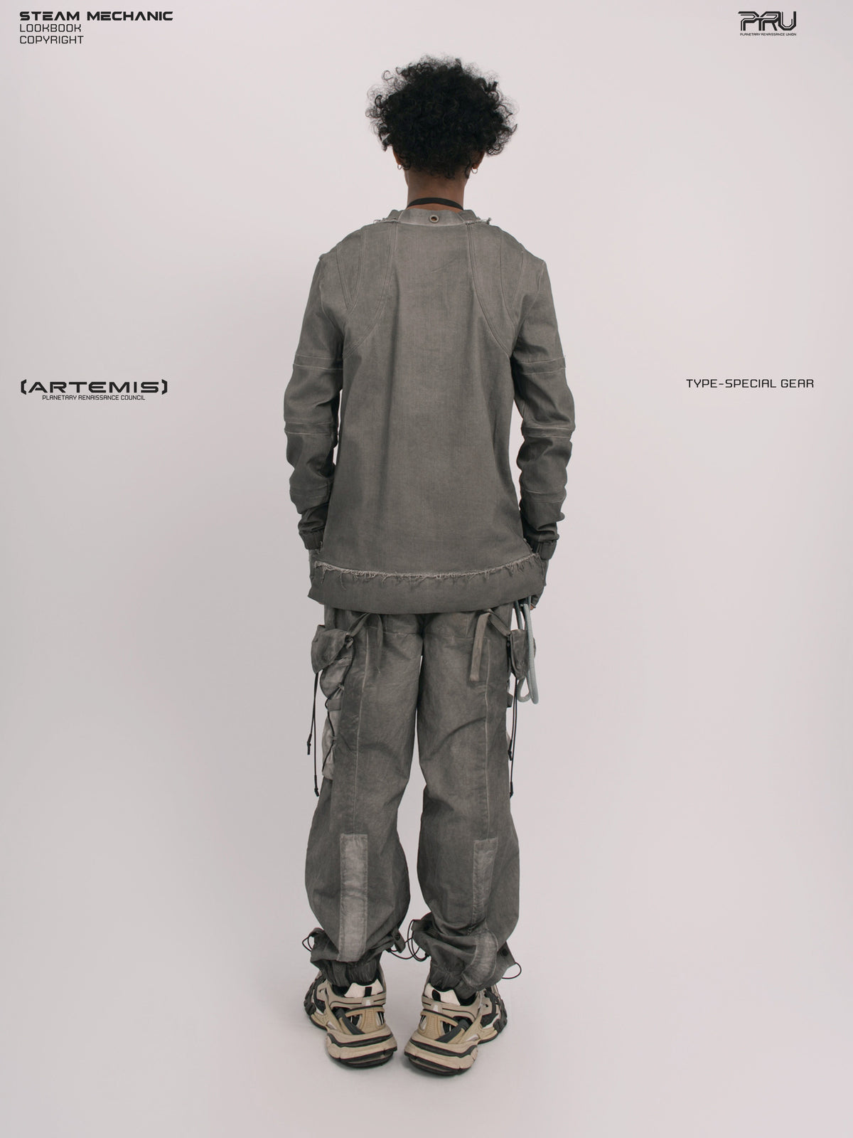 CHAOS ERA moon dust gray raw-edge long-sleeve top — straight back full-length modeled view