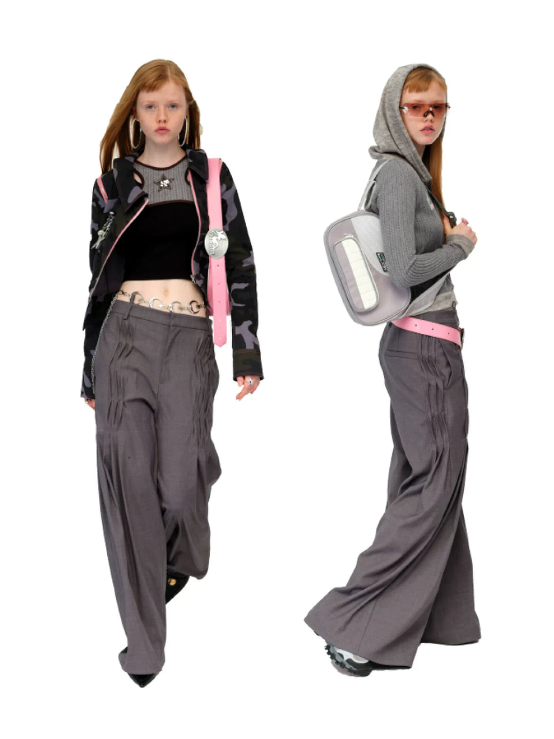 NEXT PASSPORT gray pleated wide-leg trousers shown in two full-length styled looks