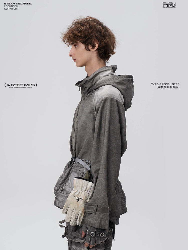 STARCORE meteor gray distressed work jacket — material and silhouette detail