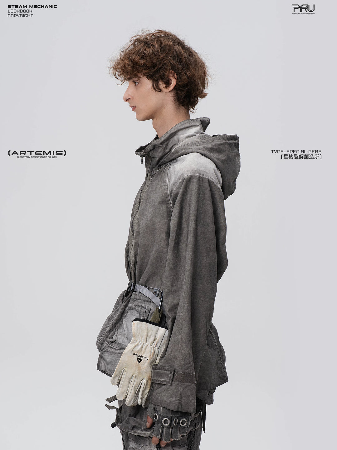 STARCORE meteor gray distressed work jacket — material and silhouette detail