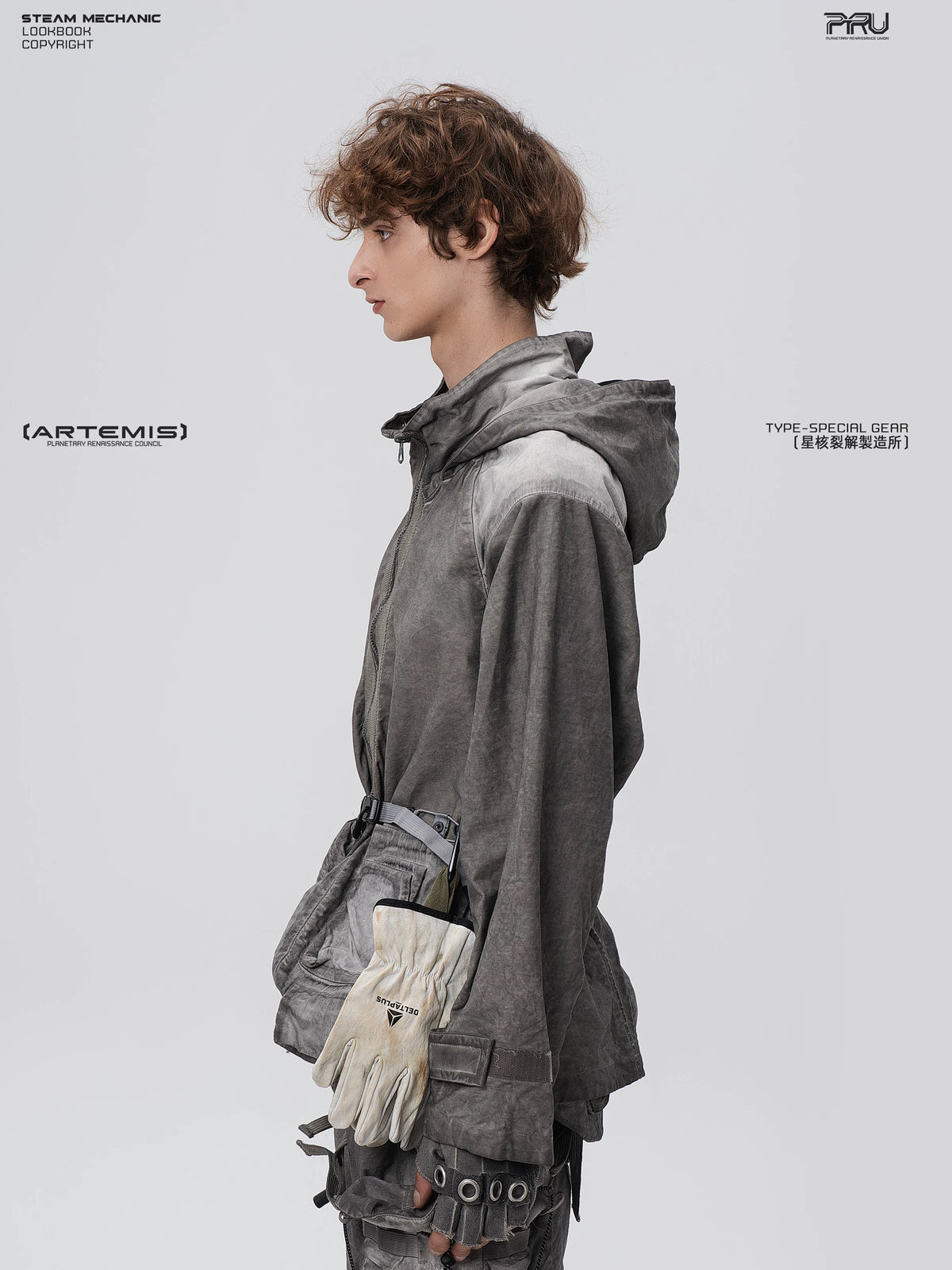 STARCORE meteor gray distressed work jacket — material and silhouette detail