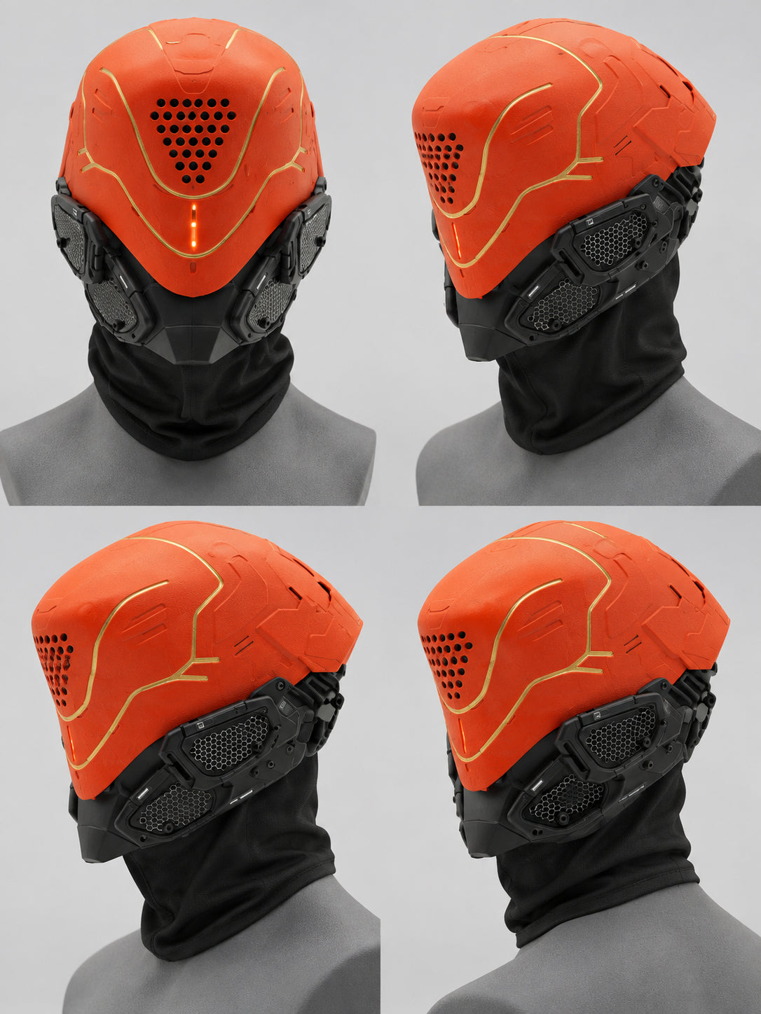FOCKSHOP PROPHECY anniversary cyber mask — orange shell with gold-line detailing and green cheek panels, angled product view