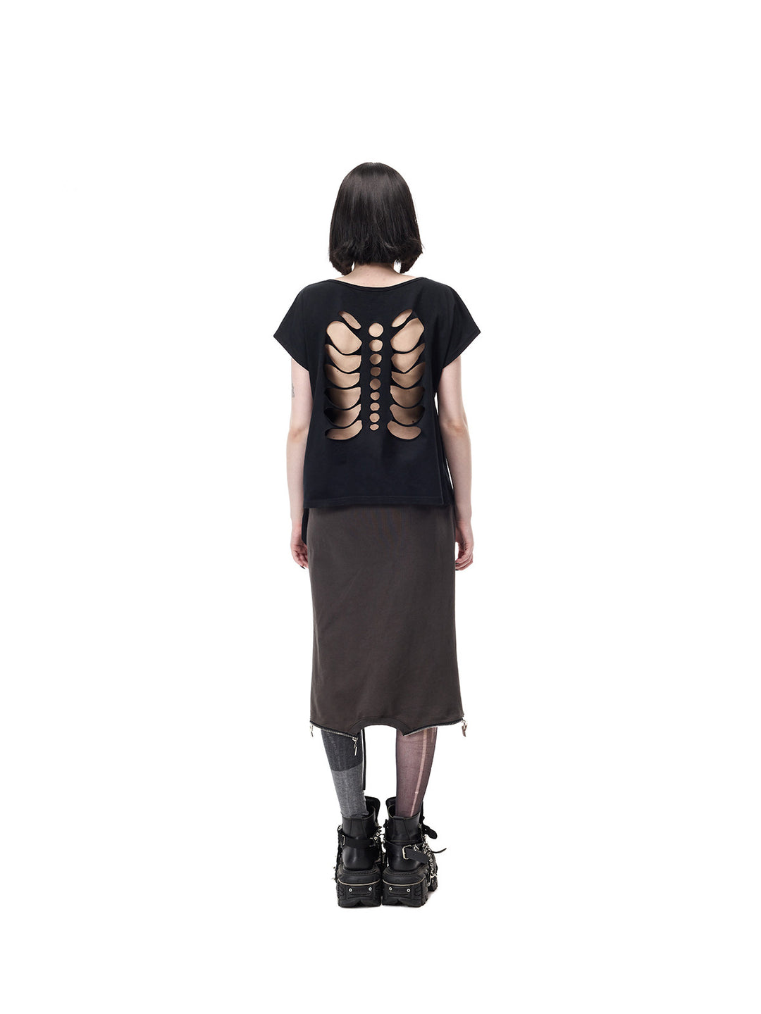 PINKSPINK CATACOMB reversible cat-skull tee in black — rear cutout view styled with a separate long skirt