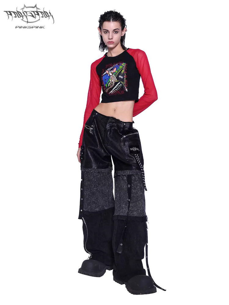 PINKSPINK SPHYNX red mesh-sleeve cropped graphic tee — black and red cropped tee — full-length front view with one arm behind