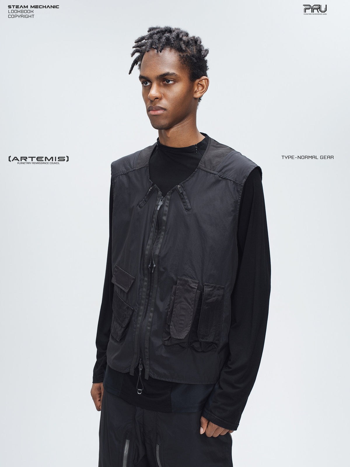 CLERIC utility nylon vest in stardust black — three-quarter modeled close-up facing left, showing the neckline zips and front pockets