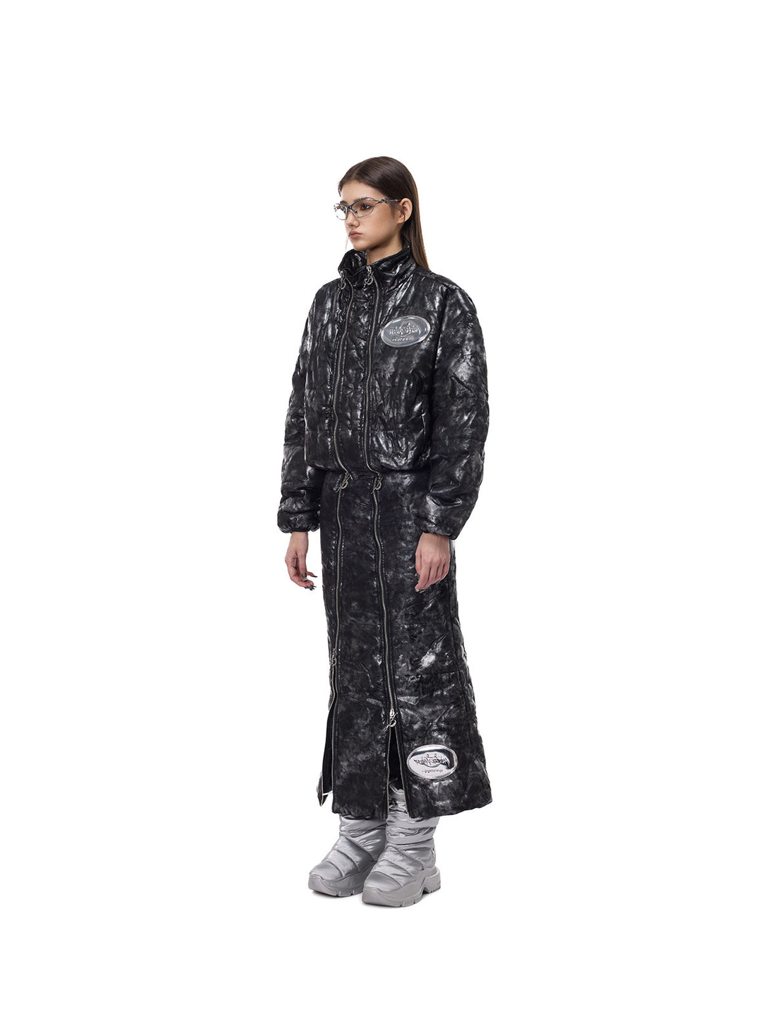 PINKSPINK ELECTRIC MOON metallic double-zip maxi skirt — side styling with matching jacket