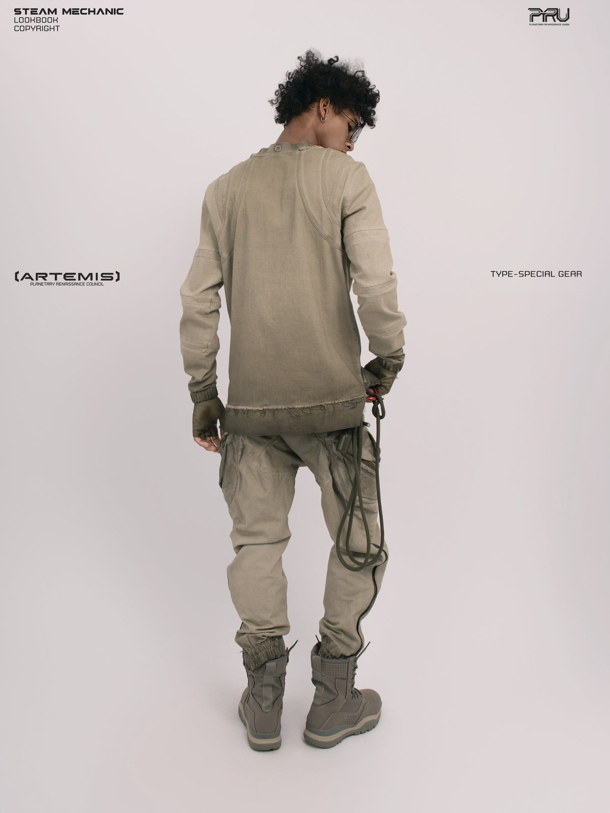CHAOS ERA xirang brown raw-edge long-sleeve top — opposite three-quarter rear modeled view