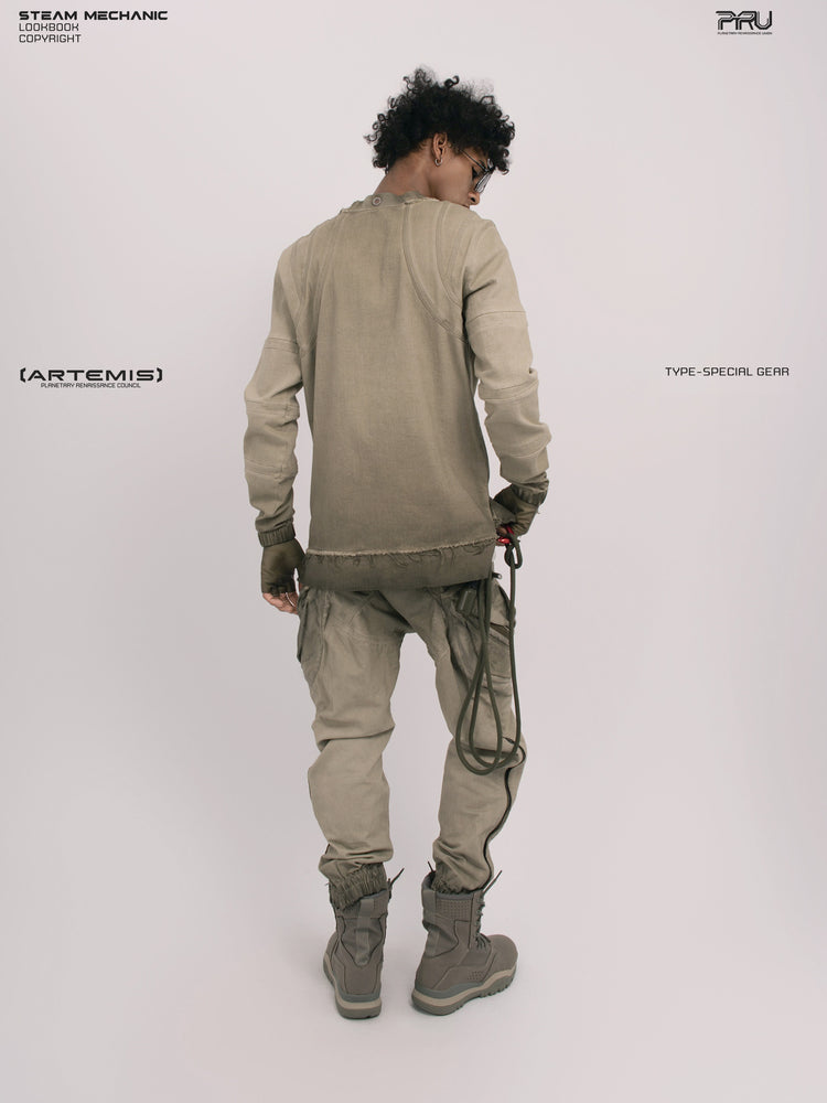 CHAOS ERA xirang brown raw-edge long-sleeve top — opposite three-quarter rear modeled view