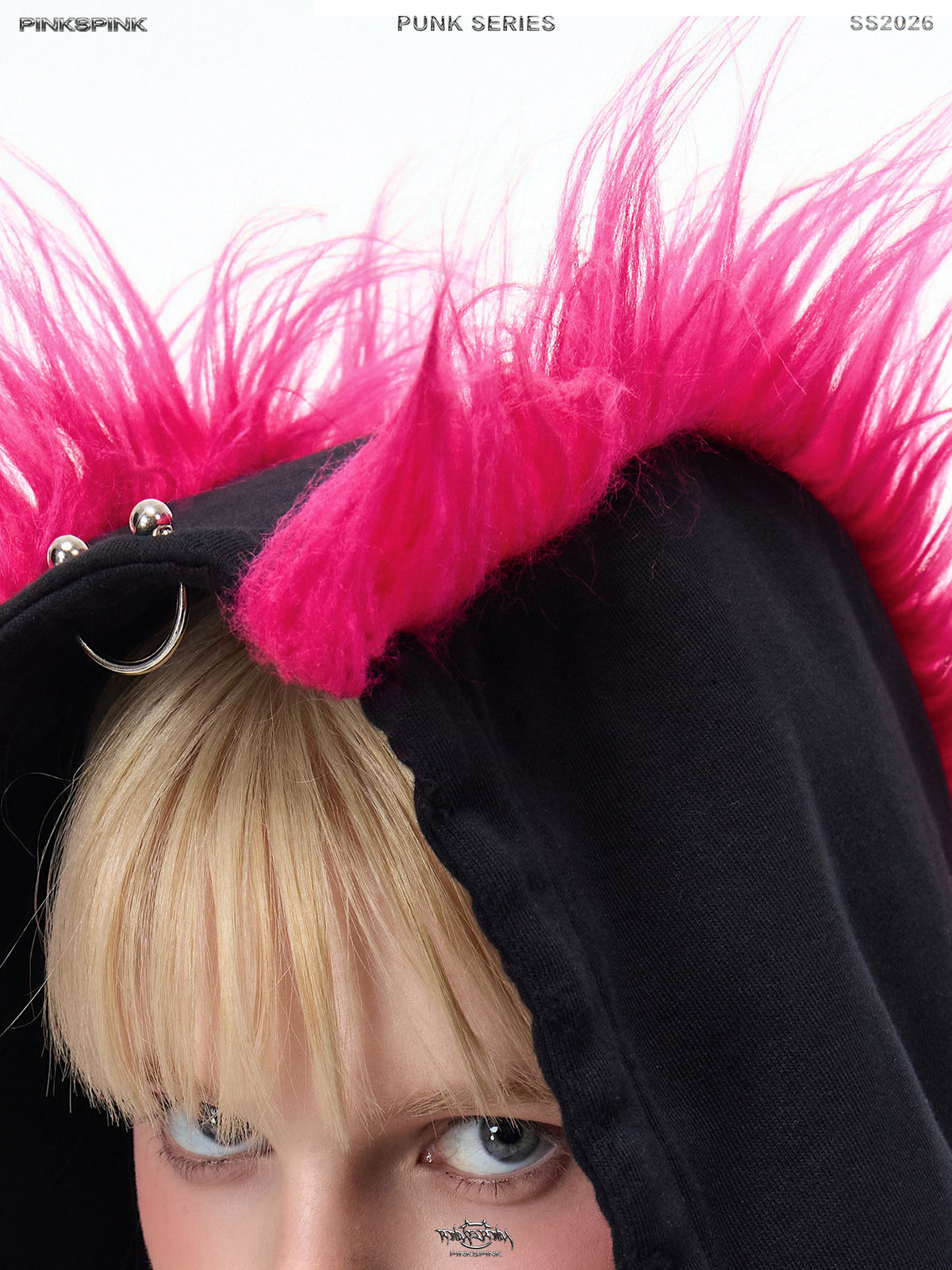 PINKSPINK MOHAWK RITUAL studded zip-up hoodie — close-up of pink mohawk fibers and hood hardware