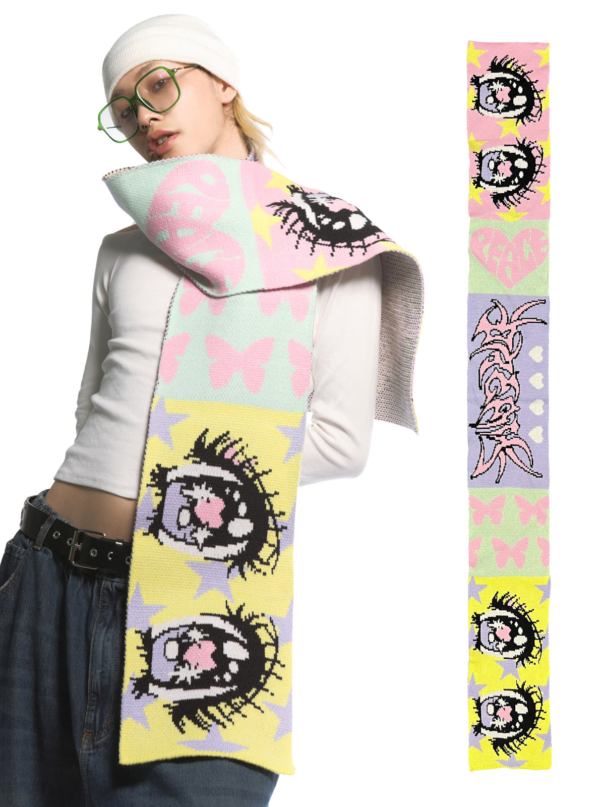 DEADENDKIDS ANIME EYES knit scarf & reversible hat — construction detail