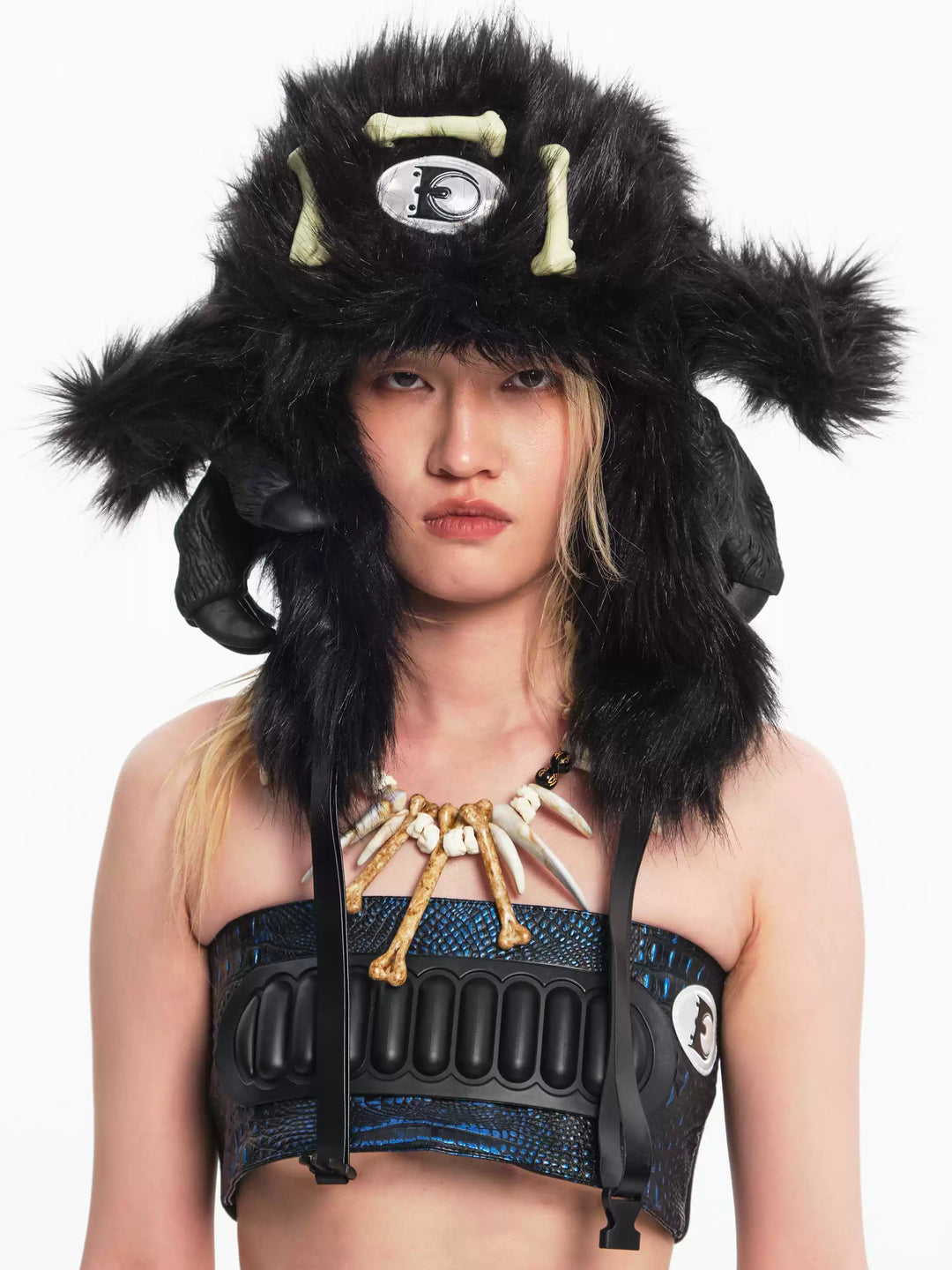 EMBRYO BLACK BEAST bone-detail faux-fur hat — front product presentation