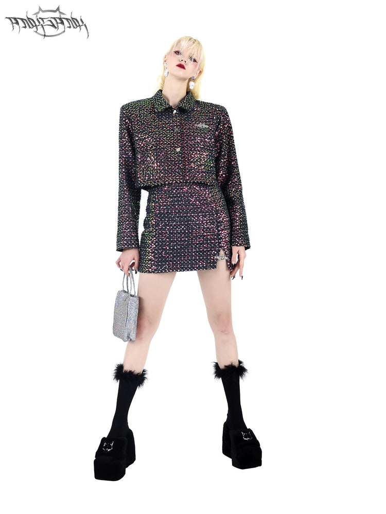 PINKSPINK SPARK sequined jacket and mini skirt set — black sequined set, full-length view with head tilted