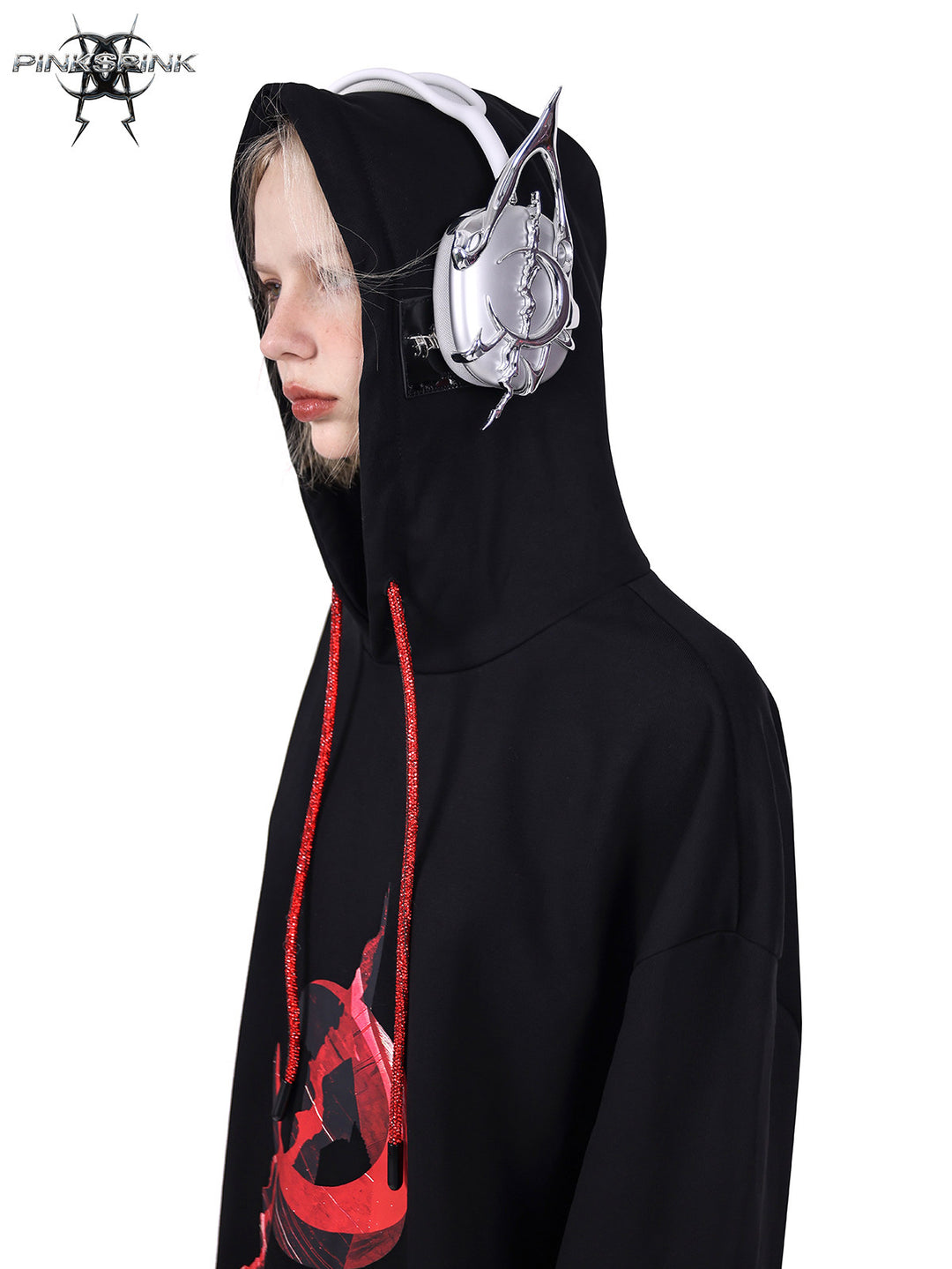 PINKSPINK MIRROR rhinestone-drawcord oversized hoodie — hood-up profile modeled close-up in black