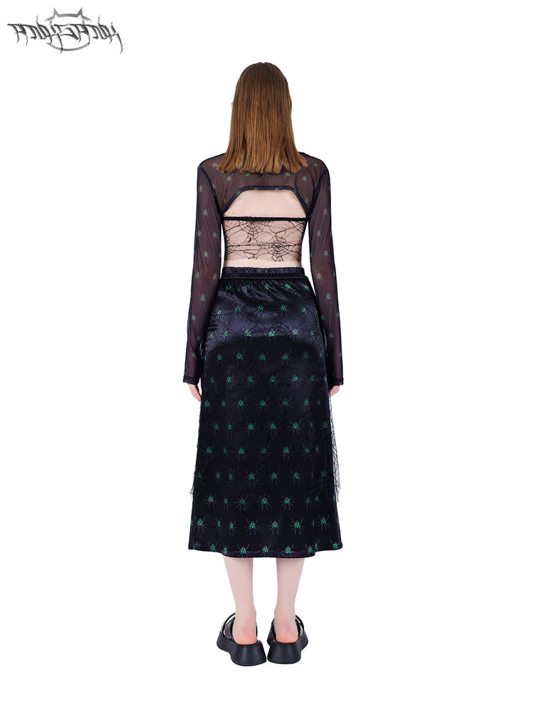 PINKSPINK SPIDER web-mesh halter crop top — back full-length modeled view styled with the separate shrug and long skirt