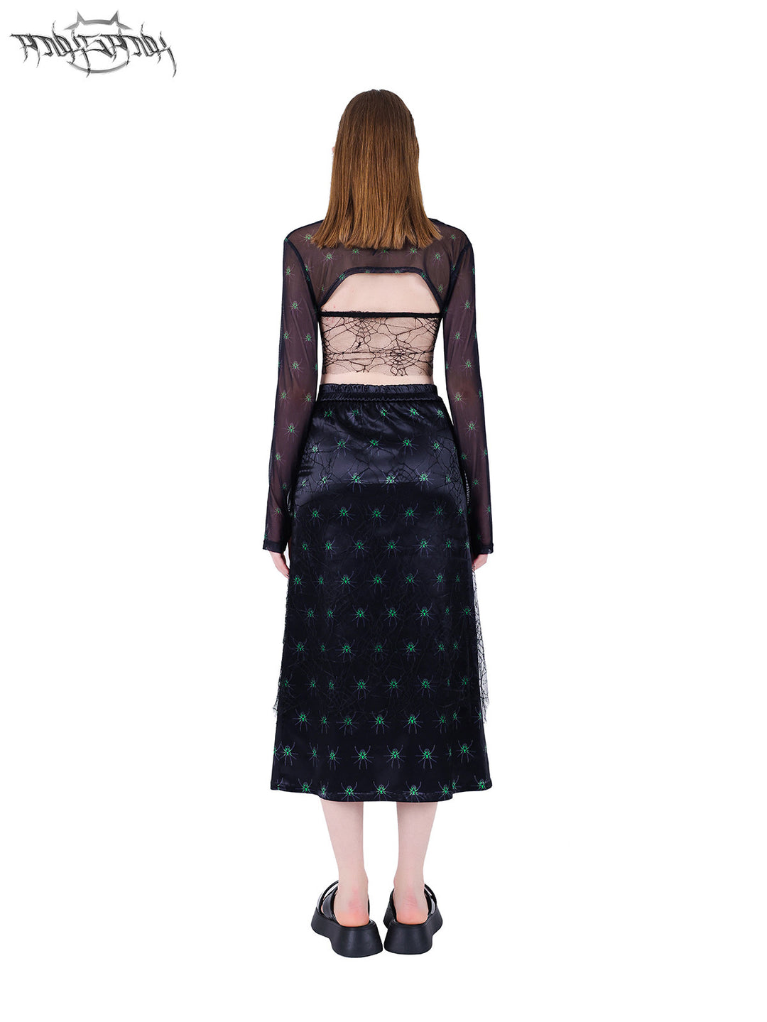 PINKSPINK SPIDER web-mesh long-sleeve shrug — back full-length modeled view showing the cropped yoke
