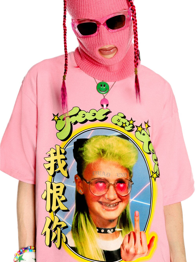 DEADENDKIDS LOVE HATE oversized graphic tee — side or detail presentation