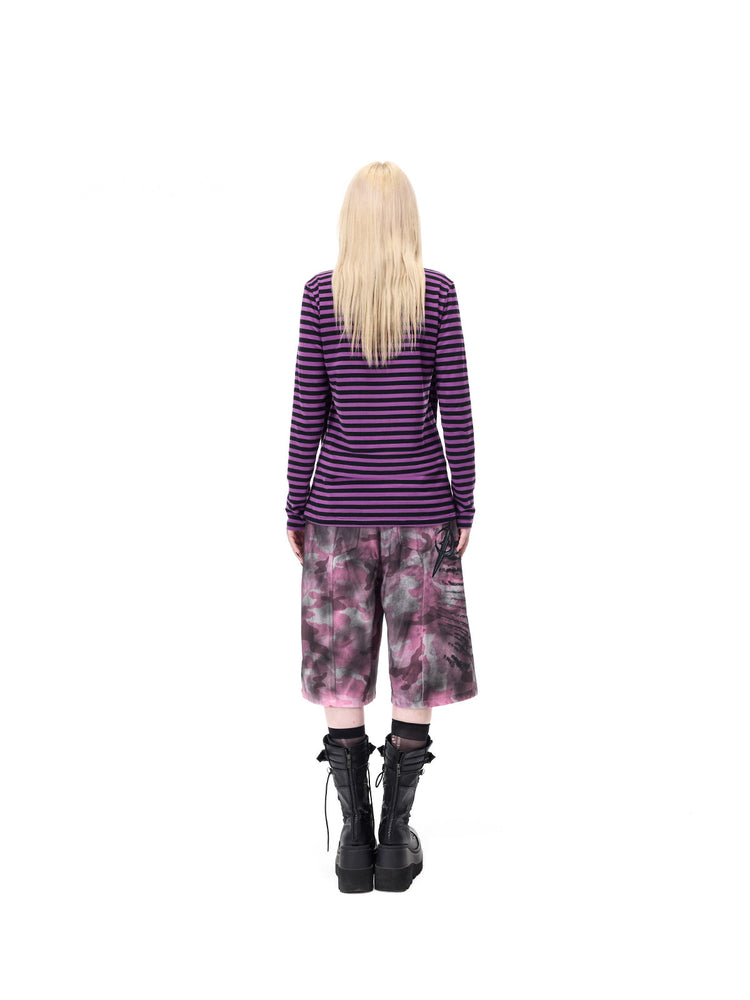 PINKSPINK GHOSTHAND striped glove-sleeve tee in purple and black — full-length rear modeled view showing the striped back