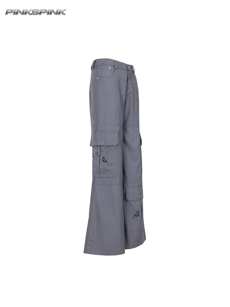 PINKSPINK ELECTRIC MOON ring-detail cargo flare trousers in gray — isolated angled garment view showing staggered ring-detail cargo pockets