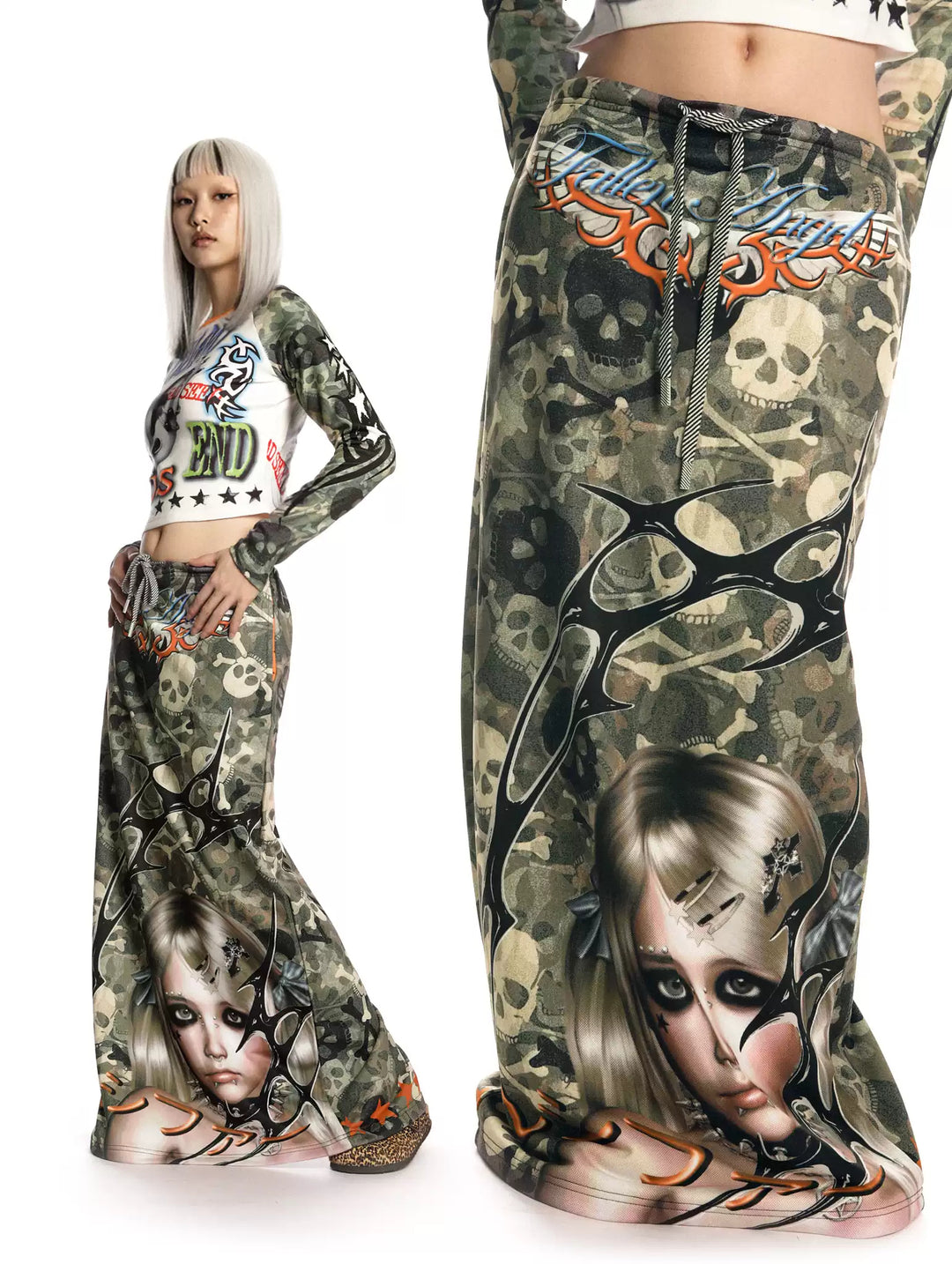 DEADENDKIDS CAMO RIOT graphic maxi skirt — alternate styled presentation