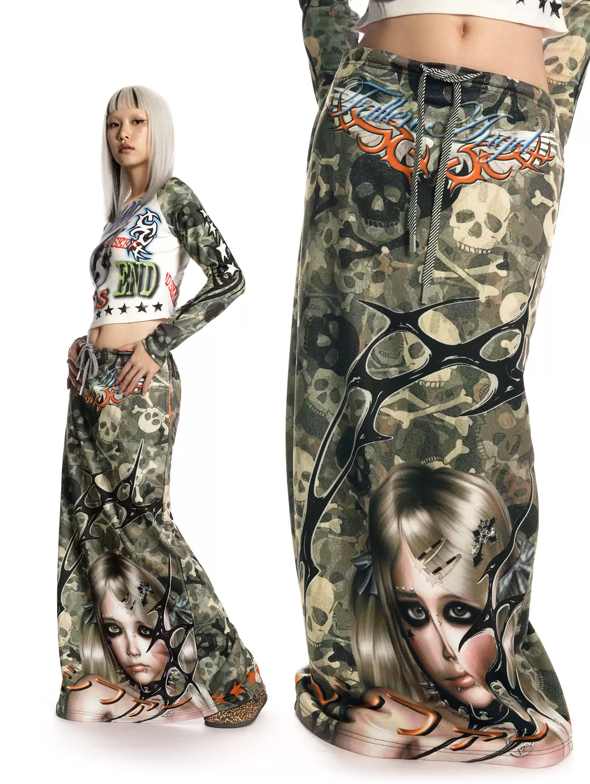 DEADENDKIDS CAMO RIOT graphic maxi skirt — alternate styled presentation