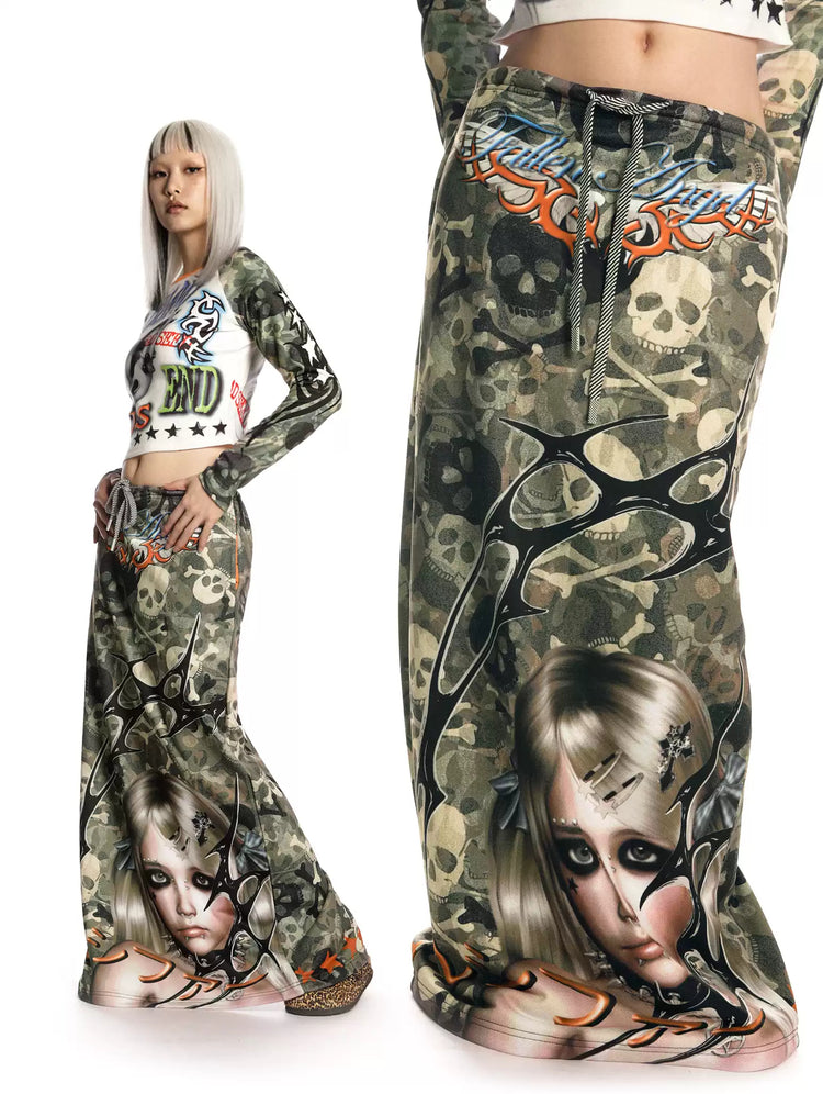DEADENDKIDS CAMO RIOT graphic maxi skirt — alternate styled presentation