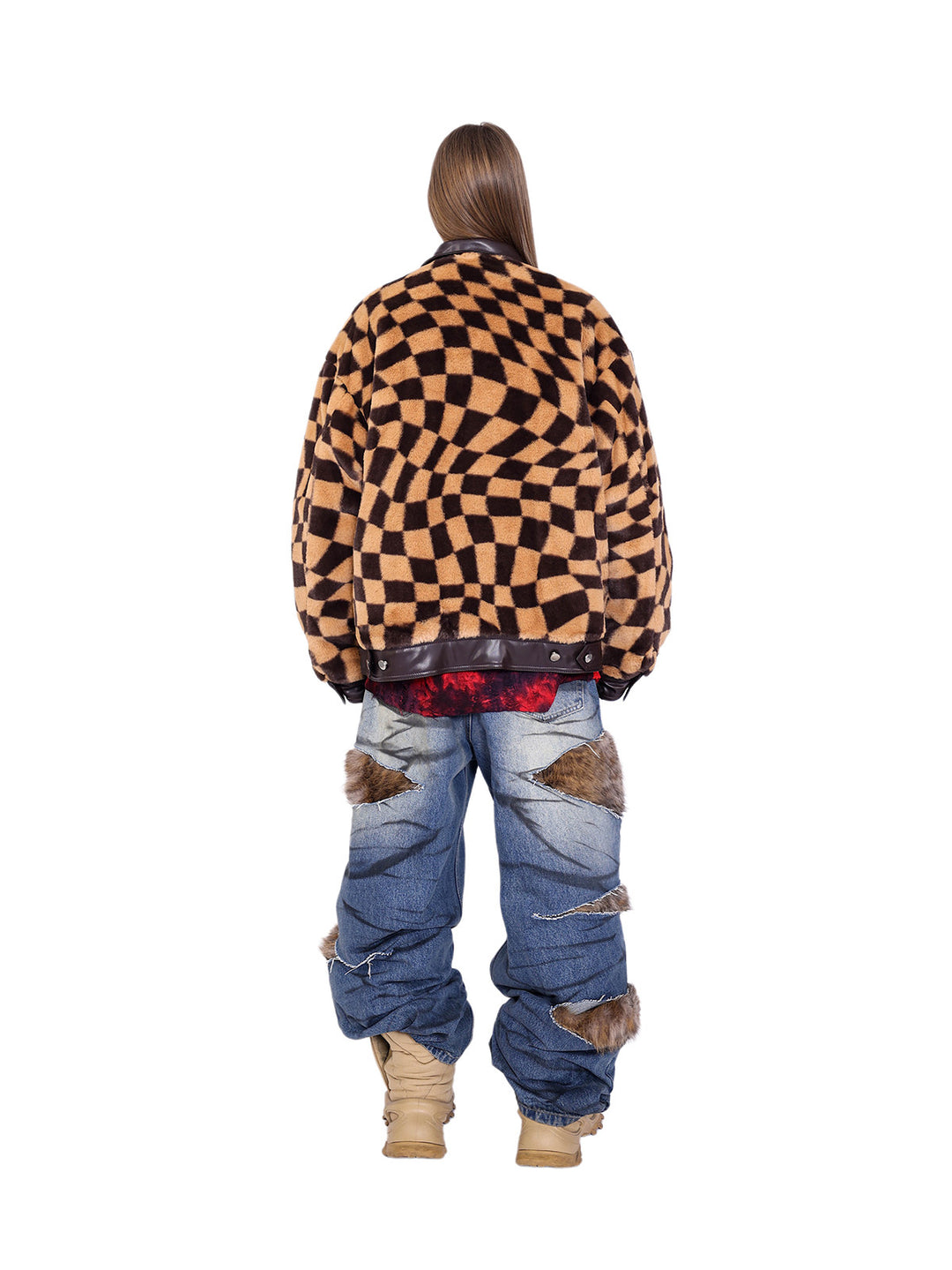 PINKSPINK WARPED checkerboard padded faux-fur jacket — caramel brown checkerboard jacket — full-length back view with jeans