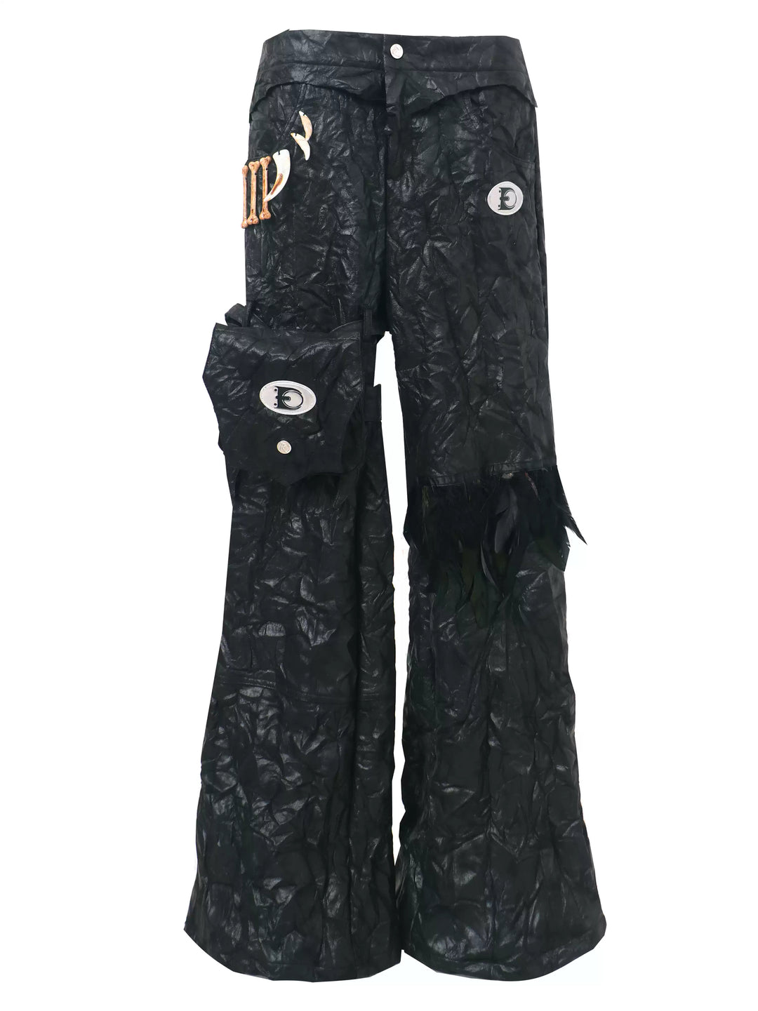 EMBRYO FEATHER LEG detachable-pouch flare pants — construction detail