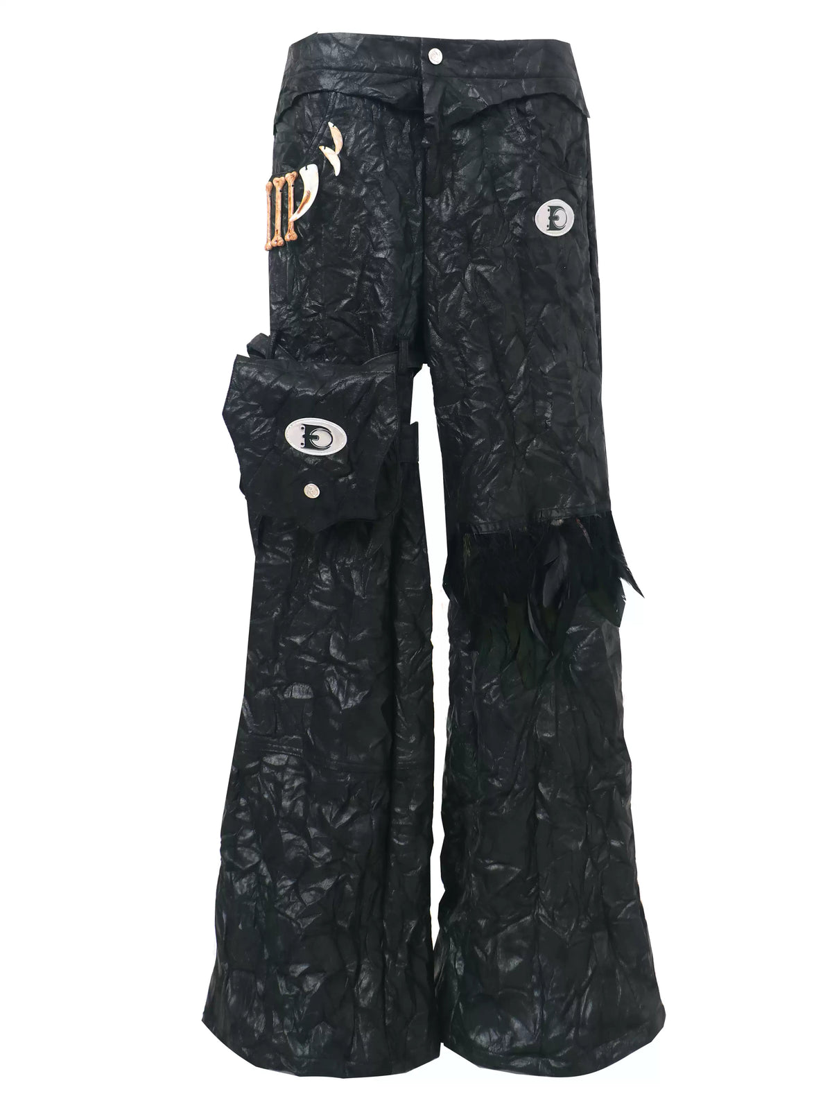 EMBRYO FEATHER LEG detachable-pouch flare pants — construction detail